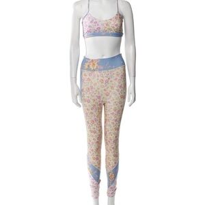 LoveShackFancy x Bandier Blue and Pink Floral Leggings and Sports Bra